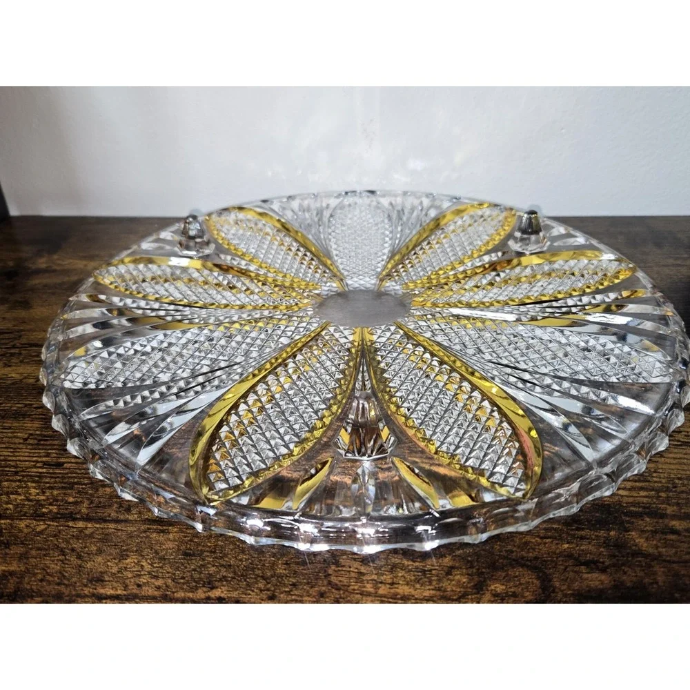 Bohemian Crystal Diamond Cut Footed Cake Plate Orange & Clear‎ Vintage